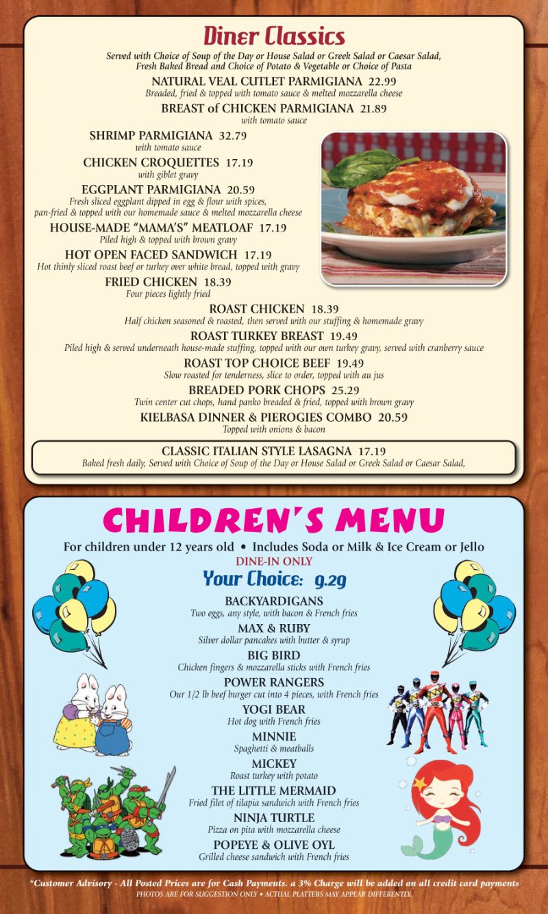 Pastas and children menu Mark twain Diner nj